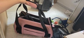 Transportín para mascotas perro gato rosa y negro