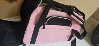 Transportín para mascotas perro gato rosa y negro