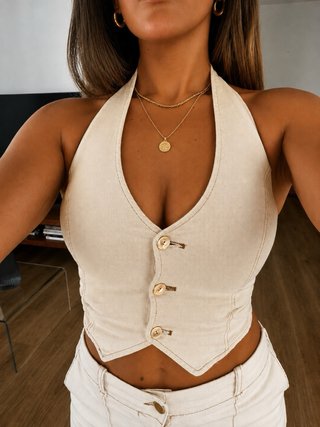 Conjunto ZARA Chaleco Halter y Pantalón Beige