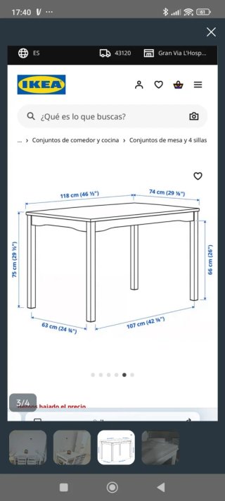 Mesa de comedor blanca con 4 sillas