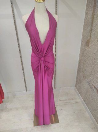 Vestido Halter Fucsia Fruncido Elegante Nuevo