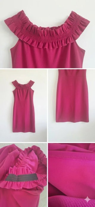 Vestido Fucsia con Cuello Volante Elástico