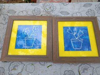 Set 2 Cuadros Flores Maceta Azul Amarillo