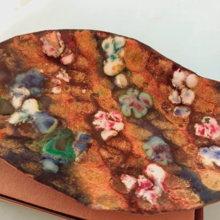 Antica vassoio di rame smaltato policromo 26x13 cm