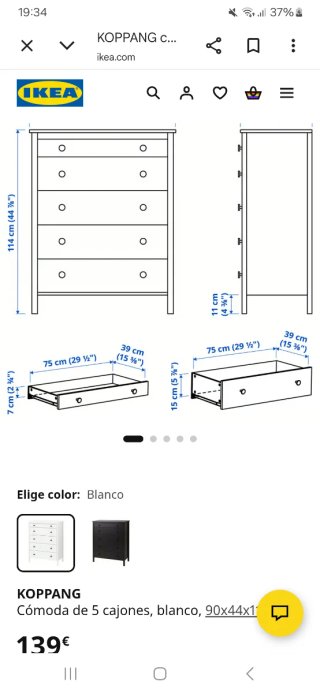 Cómoda KOPPANG IKEA Blanca 5 cajones