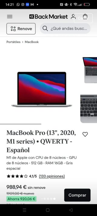 MACBOOK PRO M1 16/512 SEMINUEVO-BATERIA 11 CICLOS