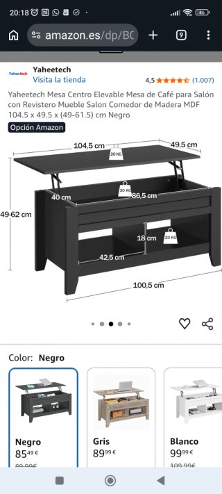 Mesa Centro Elevable Yaheetech Negra