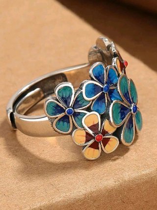 Anillo metal flores esmaltadas ajustable