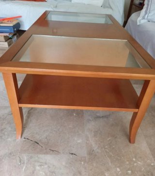 REGALO Mesa de centro madera maciza y cristal
