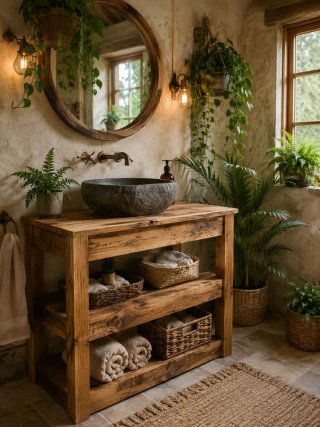 Mueble de baño madera reciclada y piedra