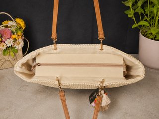 Bolso shopper rafia natural asas piel - nuevo