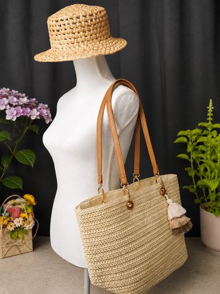 Bolso shopper rafia natural asas piel - nuevo