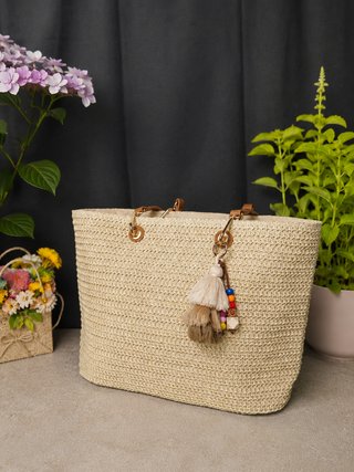 Bolso shopper rafia natural asas piel - nuevo