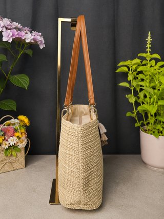 Bolso shopper rafia natural asas piel - nuevo