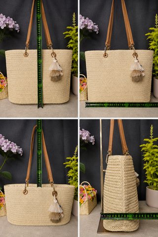 Bolso shopper rafia natural asas piel - nuevo