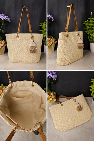 Bolso shopper rafia natural asas piel - nuevo