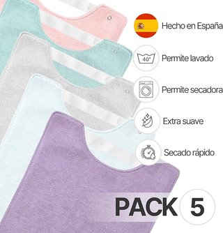 Pack 5 Baberos Guardería Algodón Bambú Impermeable
