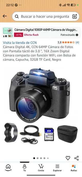 Cámara Fotos-Video Negra Digital 4K, CCN 64M