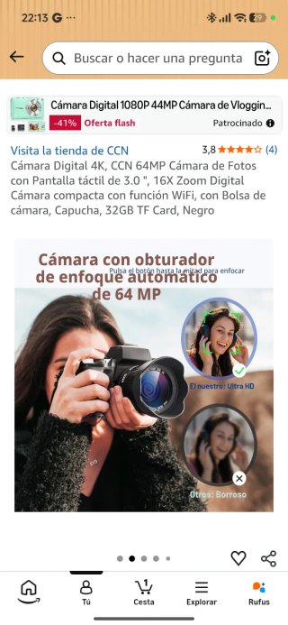 Cámara Fotos-Video Negra Digital 4K, CCN 64M