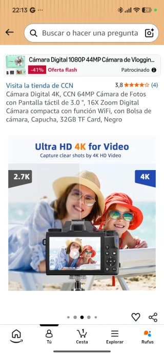 Cámara Fotos-Video Negra Digital 4K, CCN 64M