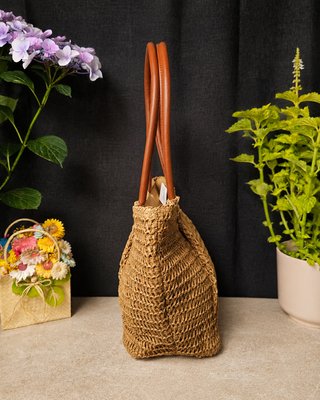 Borsa shopper rafia naturale, manici in pelle