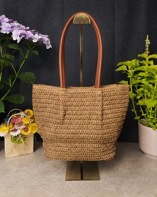Borsa shopper rafia naturale, manici in pelle