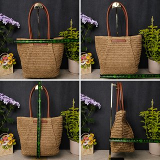 Borsa shopper rafia naturale, manici in pelle