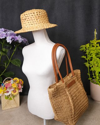 Borsa shopper rafia naturale, manici in pelle
