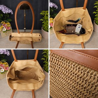 Borsa shopper rafia naturale, manici in pelle