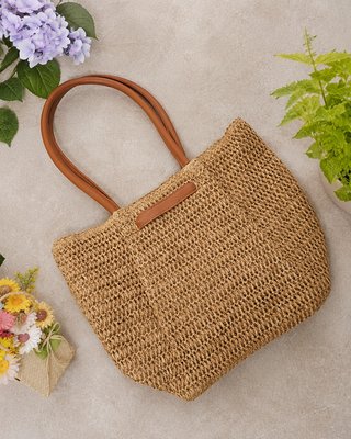 Borsa shopper rafia naturale, manici in pelle
