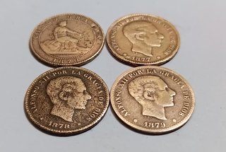 Lote 4 monedas cobre 5 cent. España (1870-79)