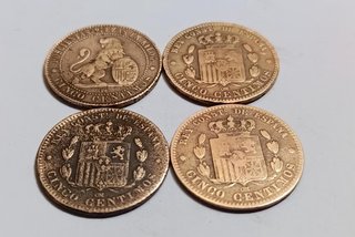 Lote 4 monedas cobre 5 cent. España (1870-79)