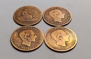 Lote 4 monedas cobre 5 cent. España 1870-1879