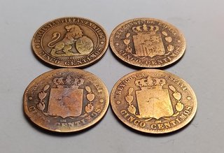 Lote 4 monedas cobre 5 cent. España 1870-1879