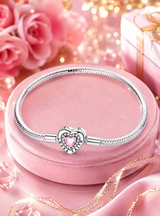 Pulsera Corazón Rosa Plata 19cm