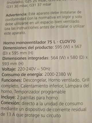 Horno Eléctrico CLOV70 75L Nuevo