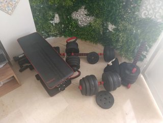 Banco Gimnasio + Mancuernas, Barras y Discos