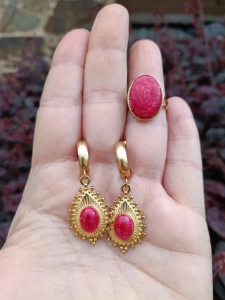 Conjunto Pendientes y Anillo  Paniculata Roja