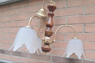 Lampadario vintage 3 luci legno e ottone