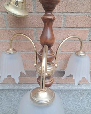 Lampadario vintage 3 luci legno e ottone