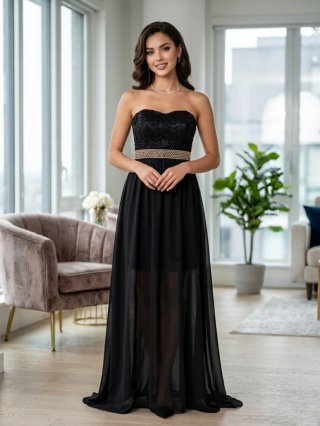 Vestido largo negro elegante con encaje y pedrería