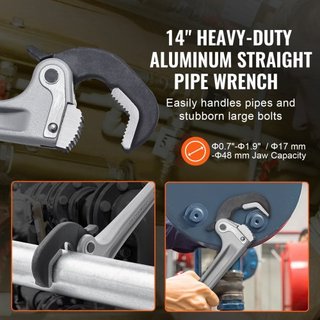 Llave de tubo, llave de tubo recta de aluminio de 14", ajuste automático de mandíbula, llave de plomería ajustable, fácil de llevar, mango ergonómico, diseño colgable, para tuberías de agua, repar...