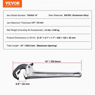 Llave de tubo, llave de tubo recta de aluminio de 14", ajuste automático de mandíbula, llave de plomería ajustable, fácil de llevar, mango ergonómico, diseño colgable, para tuberías de agua, repar...