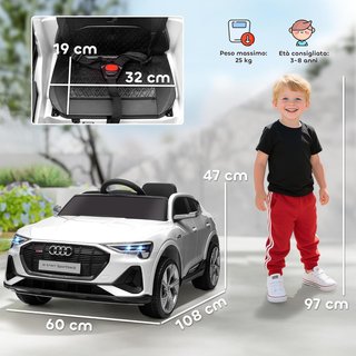 Coche Eléctrico para Niños 12V Audi E-Tron con Doble Motor, Control Remoto y Batería Recargable, Velocidad 3-5Km/H, Luces LED y Música, Blanco