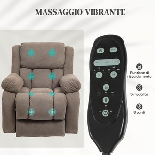 Sillón Eléctrico Elevador Reclinable 150°, Sillón Relax Eléctrico en Tela para Ancianos Con 8 Puntos de Masaje, Calefacción, Puerto USB, Mandos a Distancia, Reposapiés, Bolsillos Laterales, Marrón