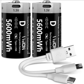 2 Baterías D Recargables USB 1.5V 5600mAh Li-ion