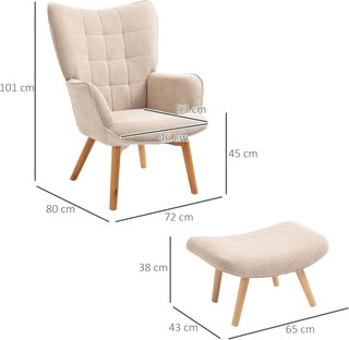 Sillón Relax Con Puff Reposapiés, Sillón Para Dormitorio Y Sala De Estar En Terciopelo A Rayas Con Respaldo Alto Y Apoyabrazos, Beige