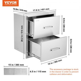Cajones de Cocina Exterior 18W x 20.6H x 12.7D Pulgadas, Cajones Doble BBQ de Montaje Flush de Acero Inoxidable con Mango, Cajones para Isla BBQ para Cocinas Exteriores o Estación de Parrilla en Patio