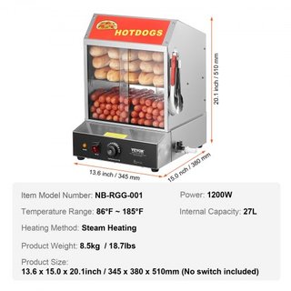 Vaporera de Perros Calientes, 27L, Vaporera de Perros Calientes de 2 Niveles, Control de Temperatura de 30℃~85℃, Calentador de Panecillos Eléctrico con Puertas de Vidrio Templado, Plato de Partici...