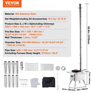 Estufa de Madera, 218.44 cm, Estufa de Camping de Acero Inoxidable, Estufa Portátil de Leña con Tubos de Chimenea y Guantes, Estufa Caliente para Tienda con Caja de Fuego de 49161.3 cm³ para Cocin...